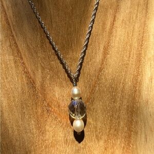 Handmade Vintage Crystal Glass AB Bead and Freshwater Pearl Silver Tone Necklace